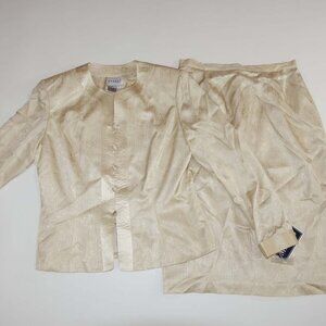 Papell Boutique Womens Skirt Jacket Suit Set Size 12 NWT Beige 100% Silk Vintage
